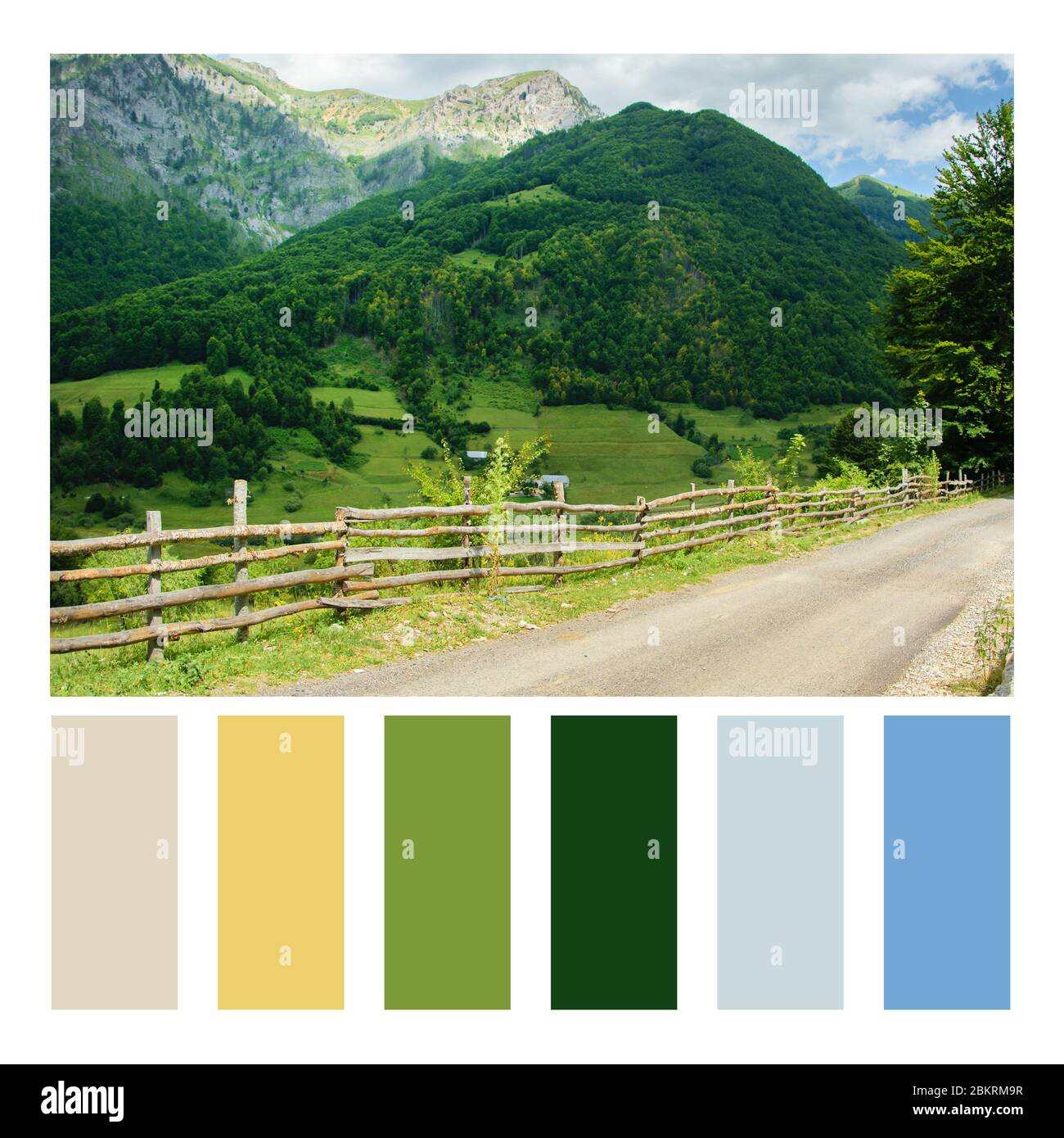 Strada rurale nelle Alpi europee, Albania in una tavolozza di colori, con campioni di colore gratuiti Foto Stock