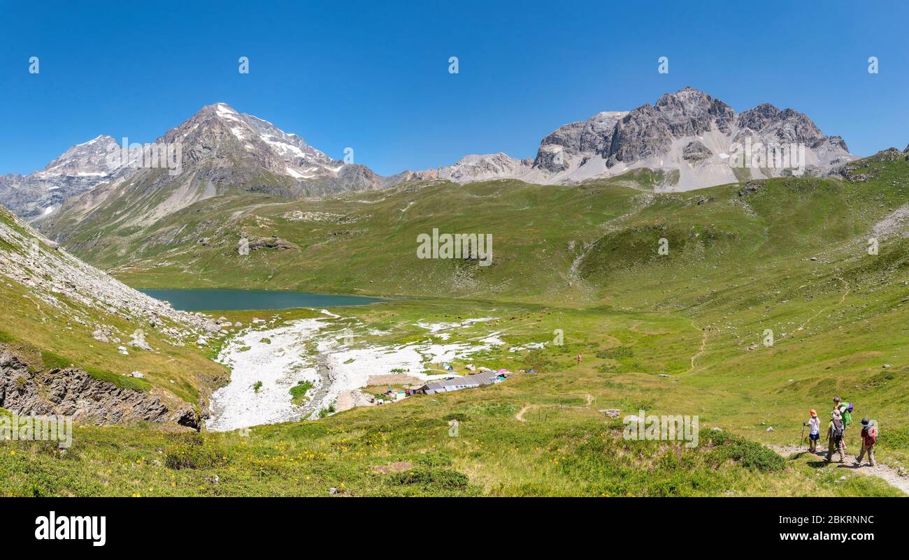 Francia, Savoia, Champagny-le-Haut, Parco Nazionale della Vanoise, Tour du Vallaisonnay, escursionisti che discendono verso il rifugio Entre le Lac (2151m) e il Lac de la Plagne, sullo sfondo a sinistra il D?me de la Sache (3588m), il D?me des Plati?res (3473m) e sulla destra il Rouges (300m) Foto Stock