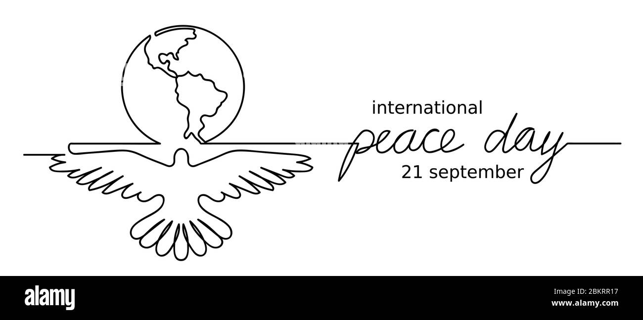 Bianco e nero minimalista Peace Day illustrazione con piccione. Colomba e terra vettore banner, sfondo. Semplice disegno a una sola linea. Continuo Illustrazione Vettoriale