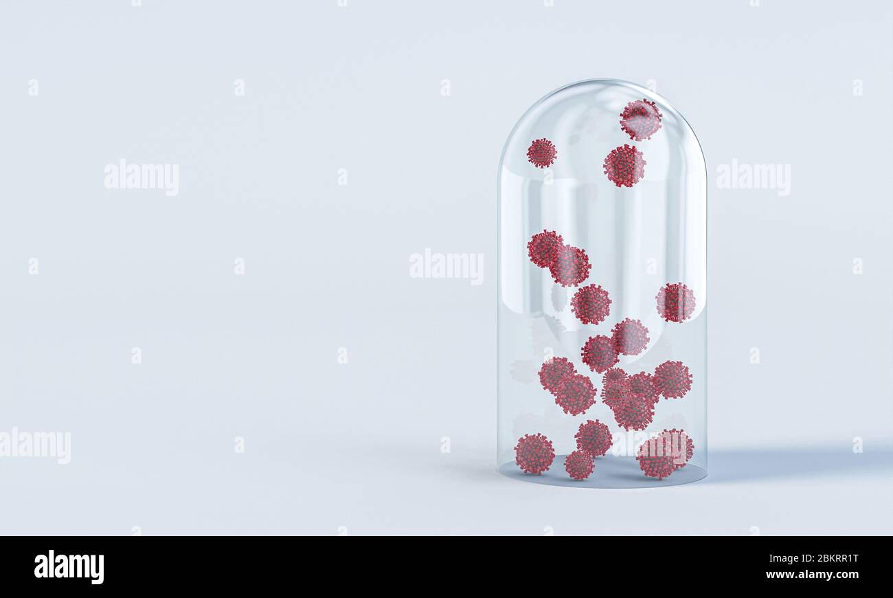 campana di vetro con la rappresentazione dei 19 virus del coronavirus all'interno. prevenzione, vaccino, immunità e quarantena concetto. rendering 3d Foto Stock