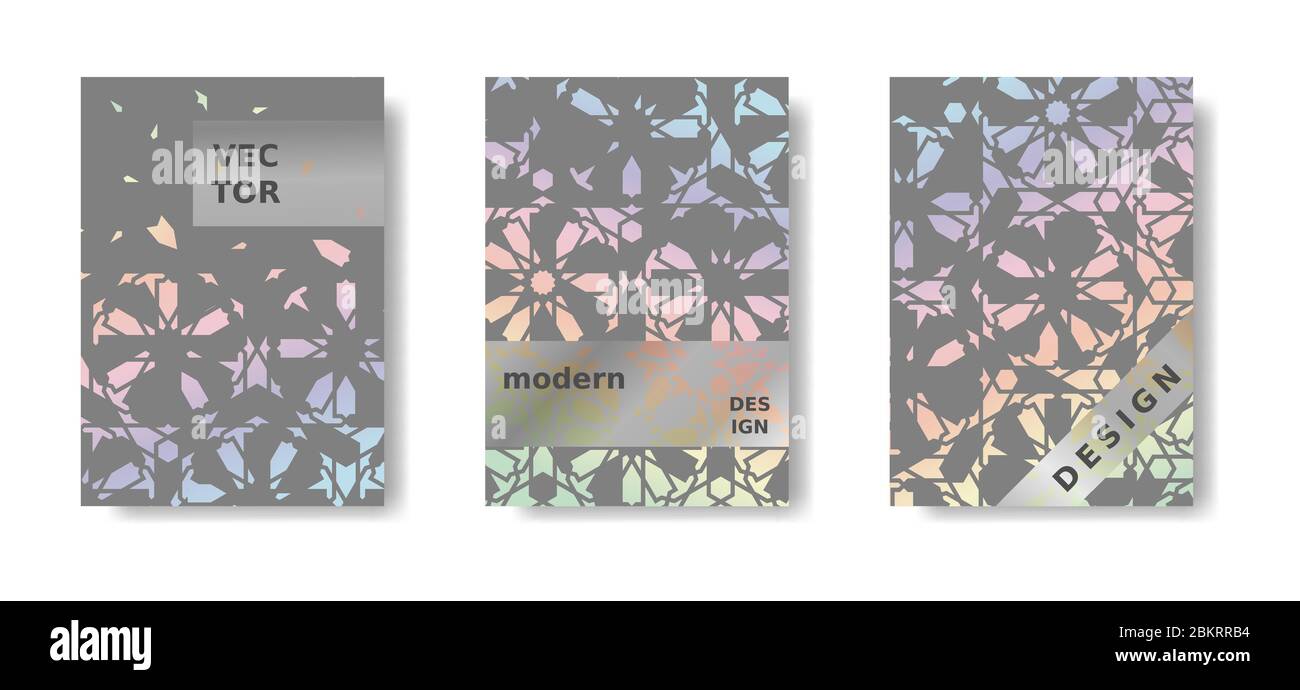 Moderno set di poster geometrici. Copertina Rainbow e grigia, poster. Mosaico moderno islamico Illustrazione Vettoriale