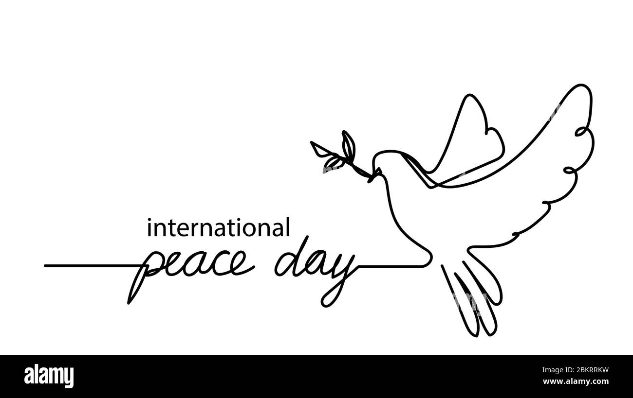 Giornata internazionale della pace. Disegno continuo. Scritte su sfondo bianco. Segno colomba di pace. Ramo di olive. Firma Vector Holiday. Segnale di libertà Illustrazione Vettoriale