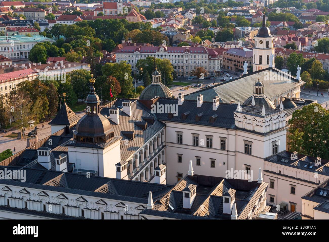 Lituania (Stati baltici), Vilnius, centro storico, patrimonio mondiale dell'UNESCO, Palazzo dei Granduchi, torre dell'orologio situata di fronte a San Stanislas e la cattedrale di San Vladislav Foto Stock
