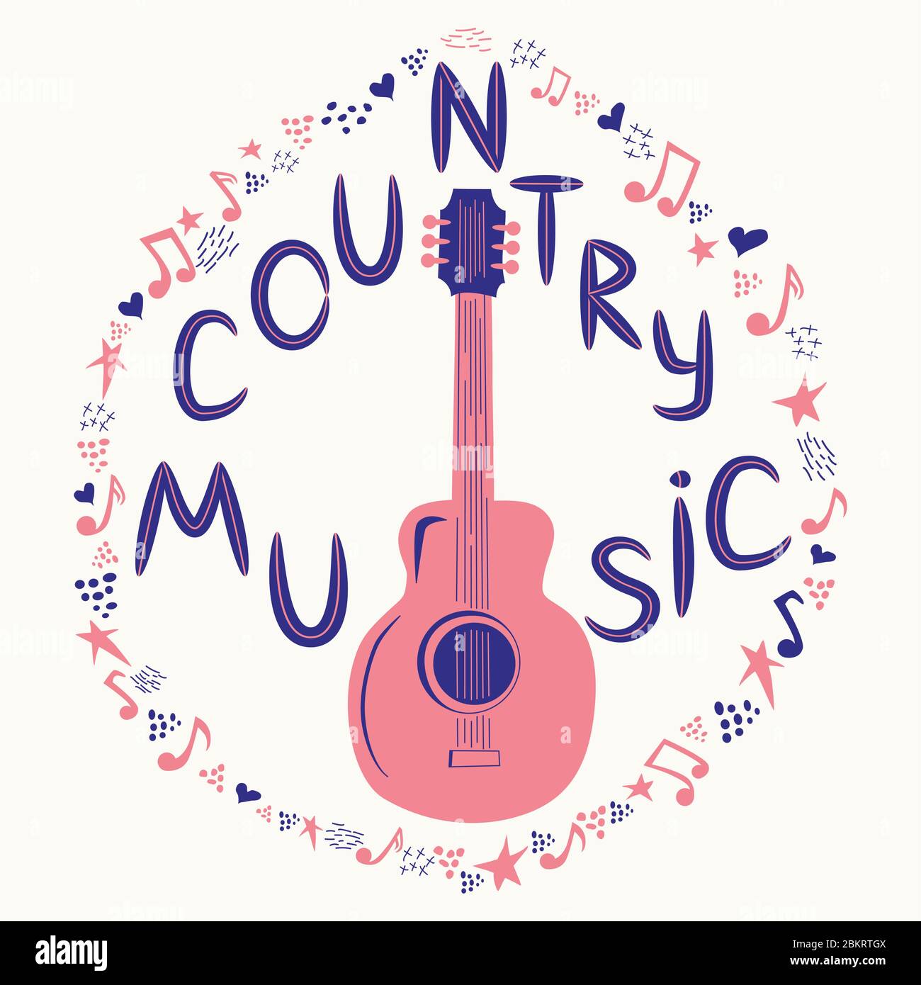 Chitarra acustica circondata da note, l'iscrizione Love Music, Country Music. Country Cowboy Music Festival Creative Event Live Event Poster Concept Illustrazione Vettoriale