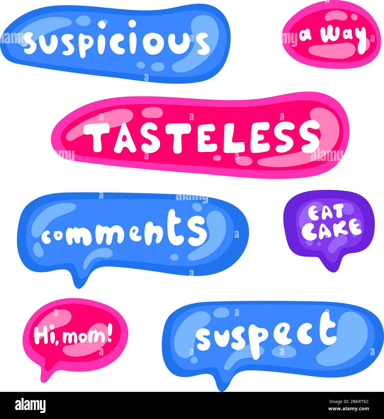 Set di adesivi su diverse forme. Collezione di adesivi lucidi multicolore vettoriali su sfondo bianco. Cultura millenials degli anni dell'adolescenza. Espressione fredda Illustrazione Vettoriale