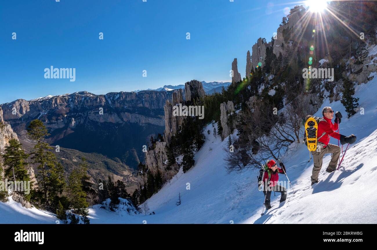 Francia, Drome, Parco Naturale Regionale del Vercors, Pi? Ferrer? (2041 m), escursionisti nel Combe de Veyranche Foto Stock