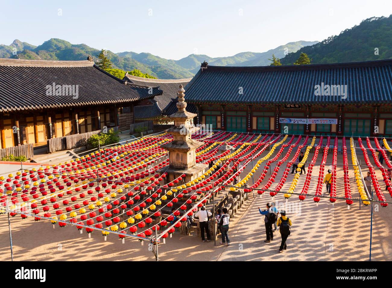 Corea del Sud, Provincia di Gyeongsang del Sud, Tempio di Haein, Lanterne appese nel cortile del tempio in occasione del compleanno di Buddha Foto Stock