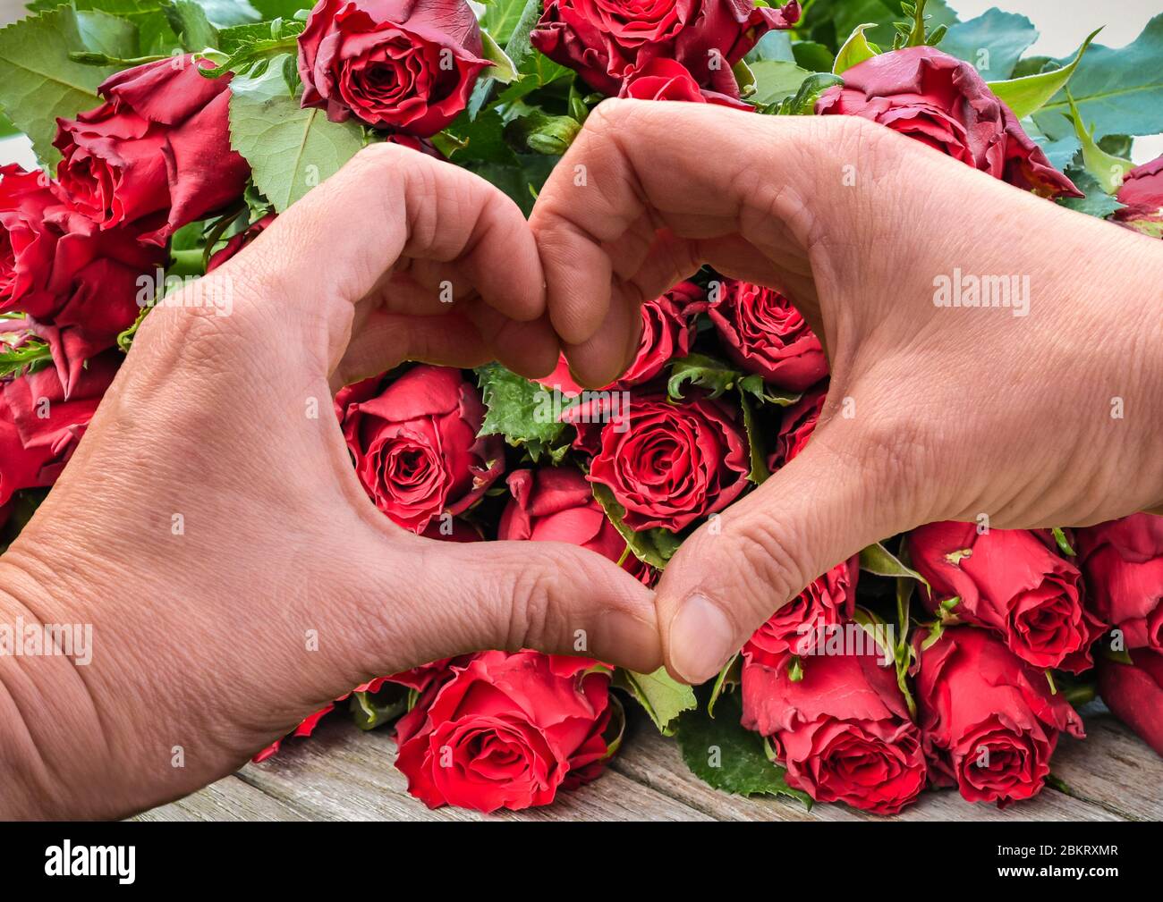 Mani a forma di cuore sopra il bouquet di rose rosse di fondo. Foto Stock