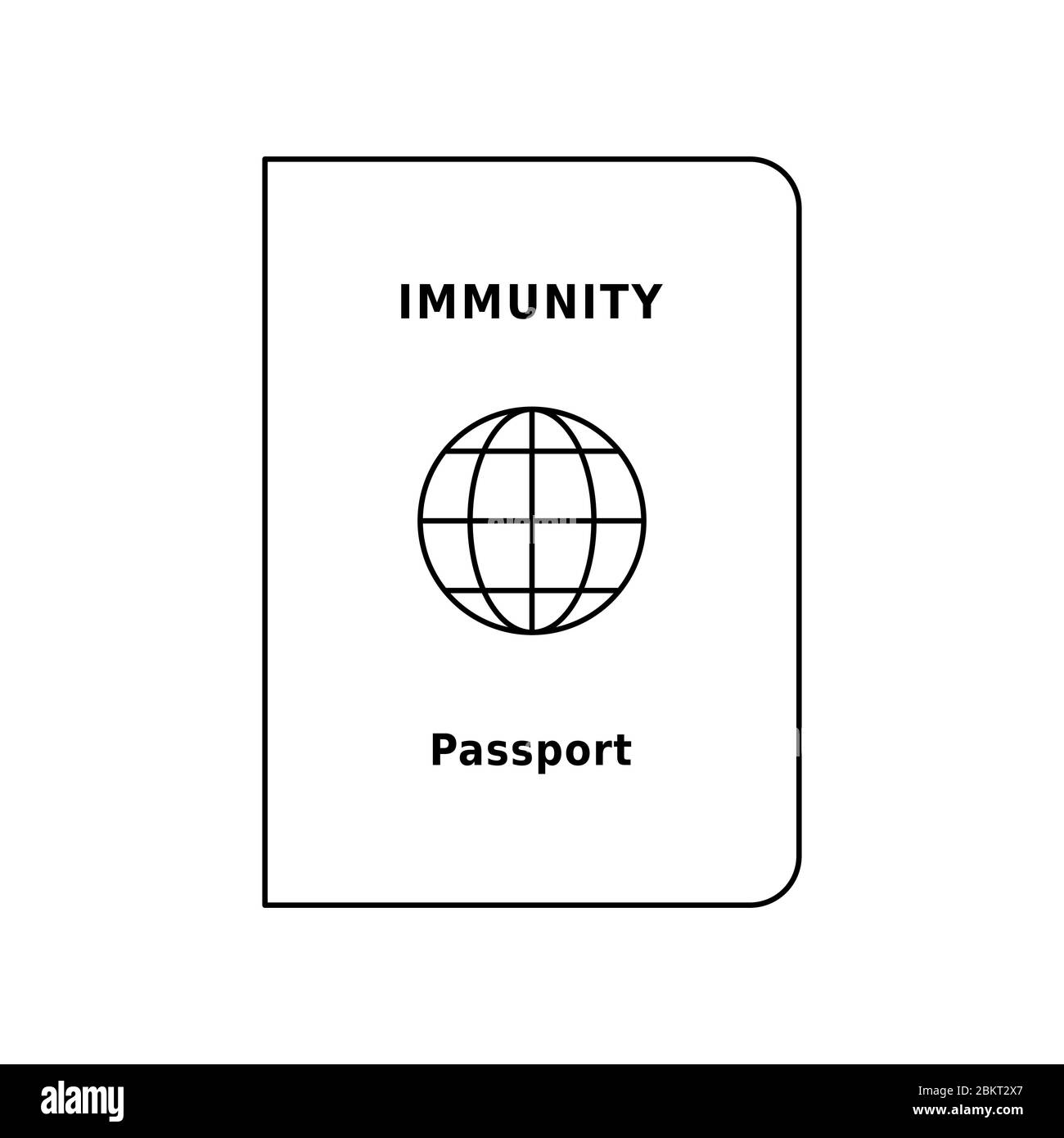 Icona della linea del passaporto immunità. Documento di viaggio come prova che una persona è immune da una malattia. Certificato privo di rischi per COVID 19. Contorno nero. Illustrazione Vettoriale
