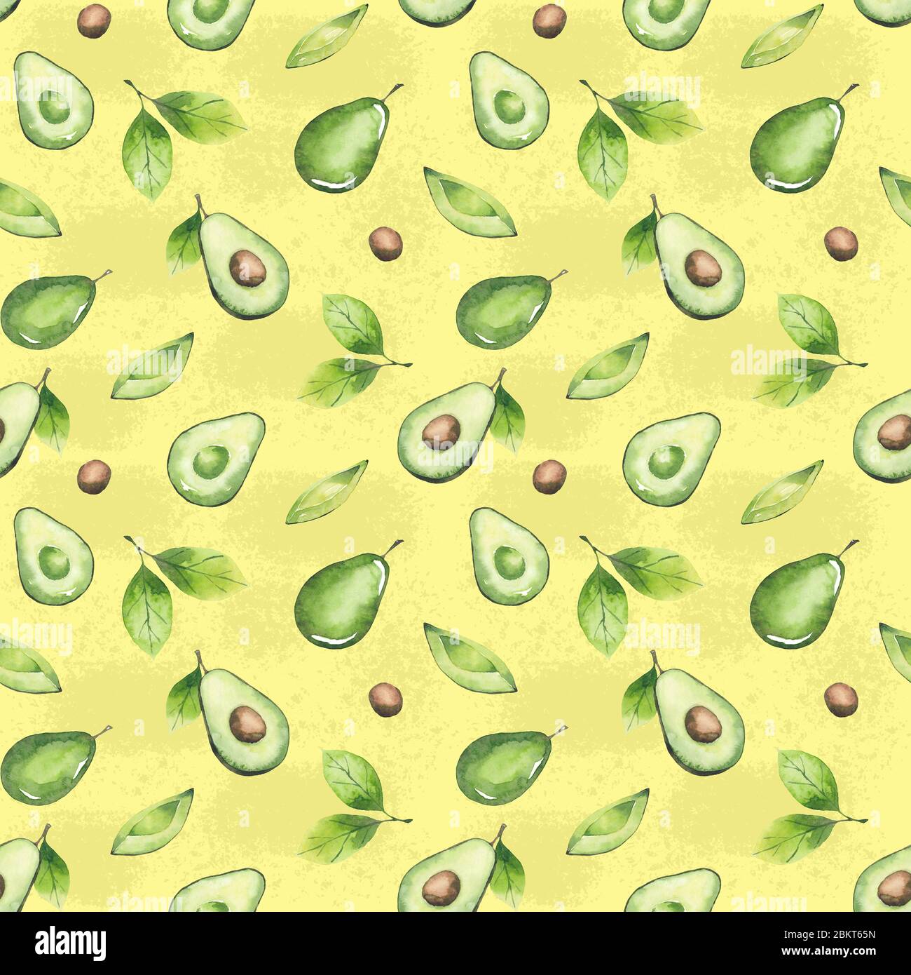 Avocado disegno senza cuciture su sfondo giallo dipinto con acquerello Foto Stock
