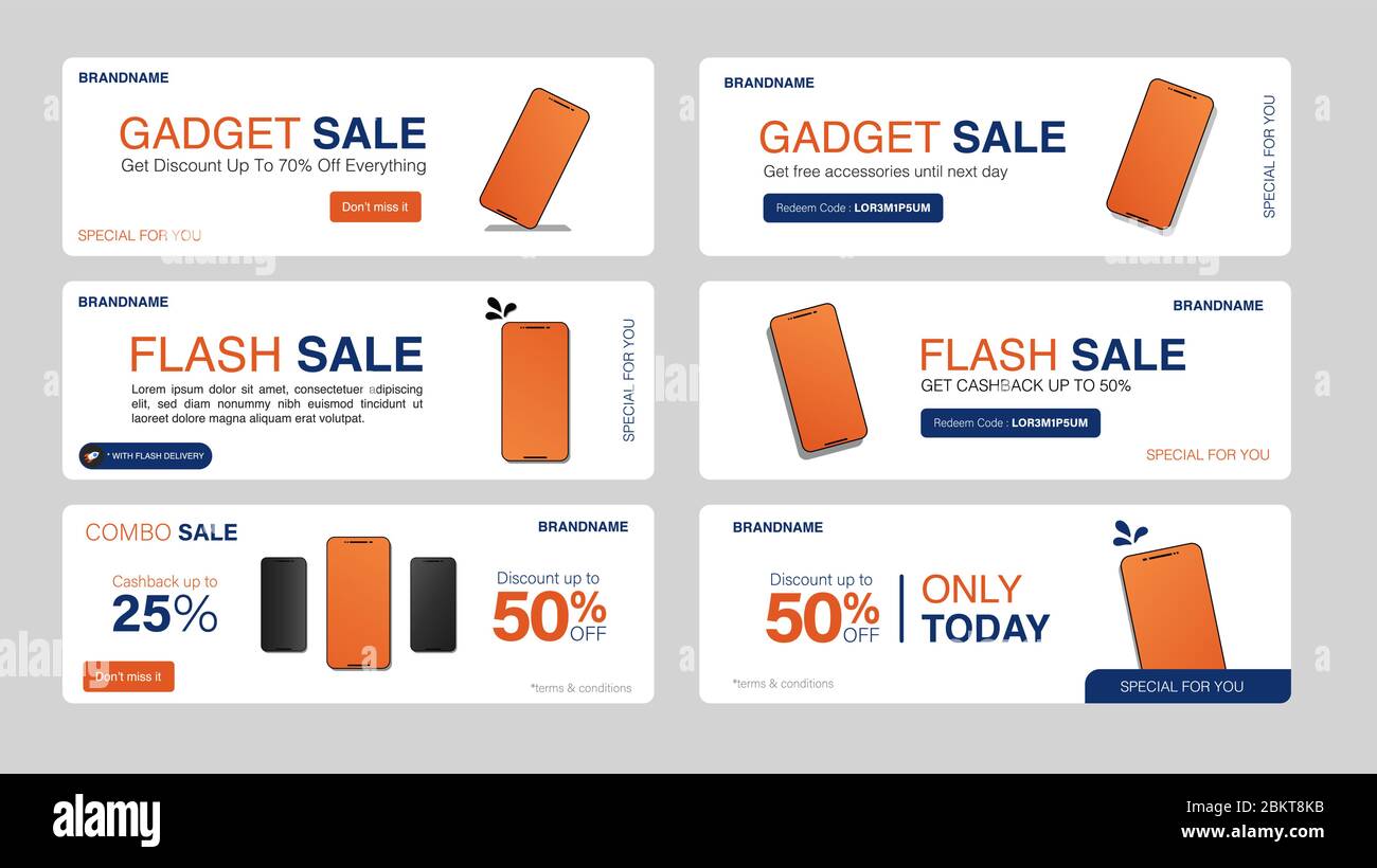 Promozione vendita banner mobile per sito web o pubblicità. Modello banner mobile per vendita flash. Elementi Web per la pubblicità. Illustrazione Vettoriale