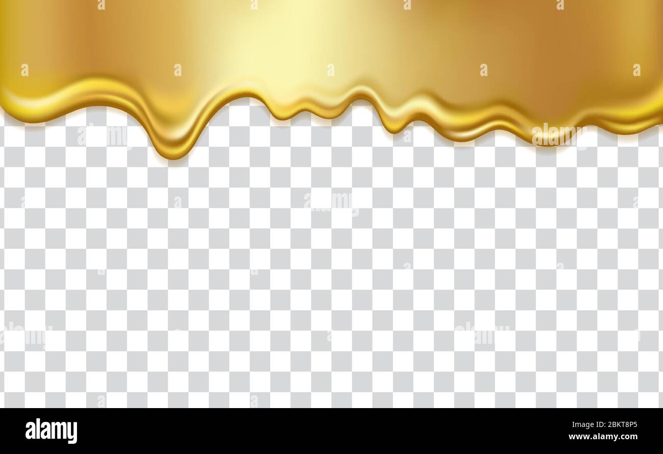 Liquido Golden flowing, isolato su sfondo trasparente. Miele d'oro, sciroppo, olio, vernice o metallo gocciolante, 3D realistico illustrazione vettoriale Illustrazione Vettoriale