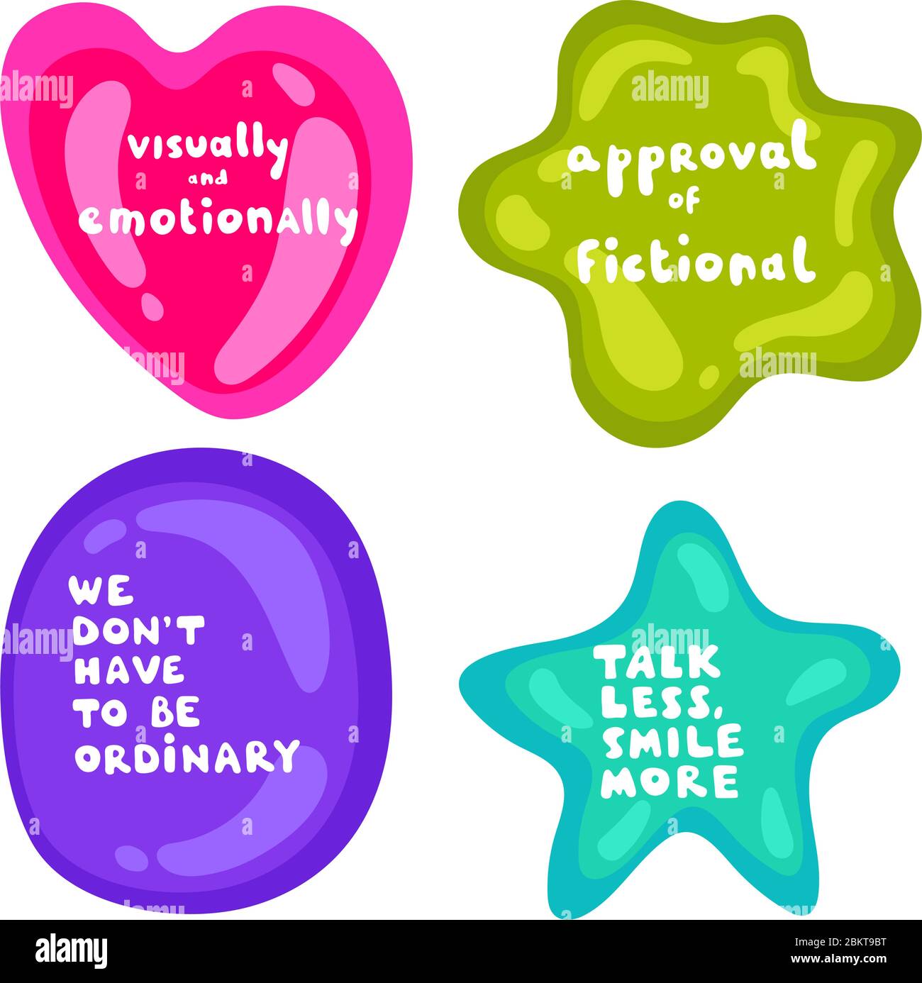 Set di adesivi su diverse forme. Collezione di adesivi lucidi multicolore vettoriali su sfondo bianco. Cultura millenials degli anni dell'adolescenza. Espressione fredda Illustrazione Vettoriale