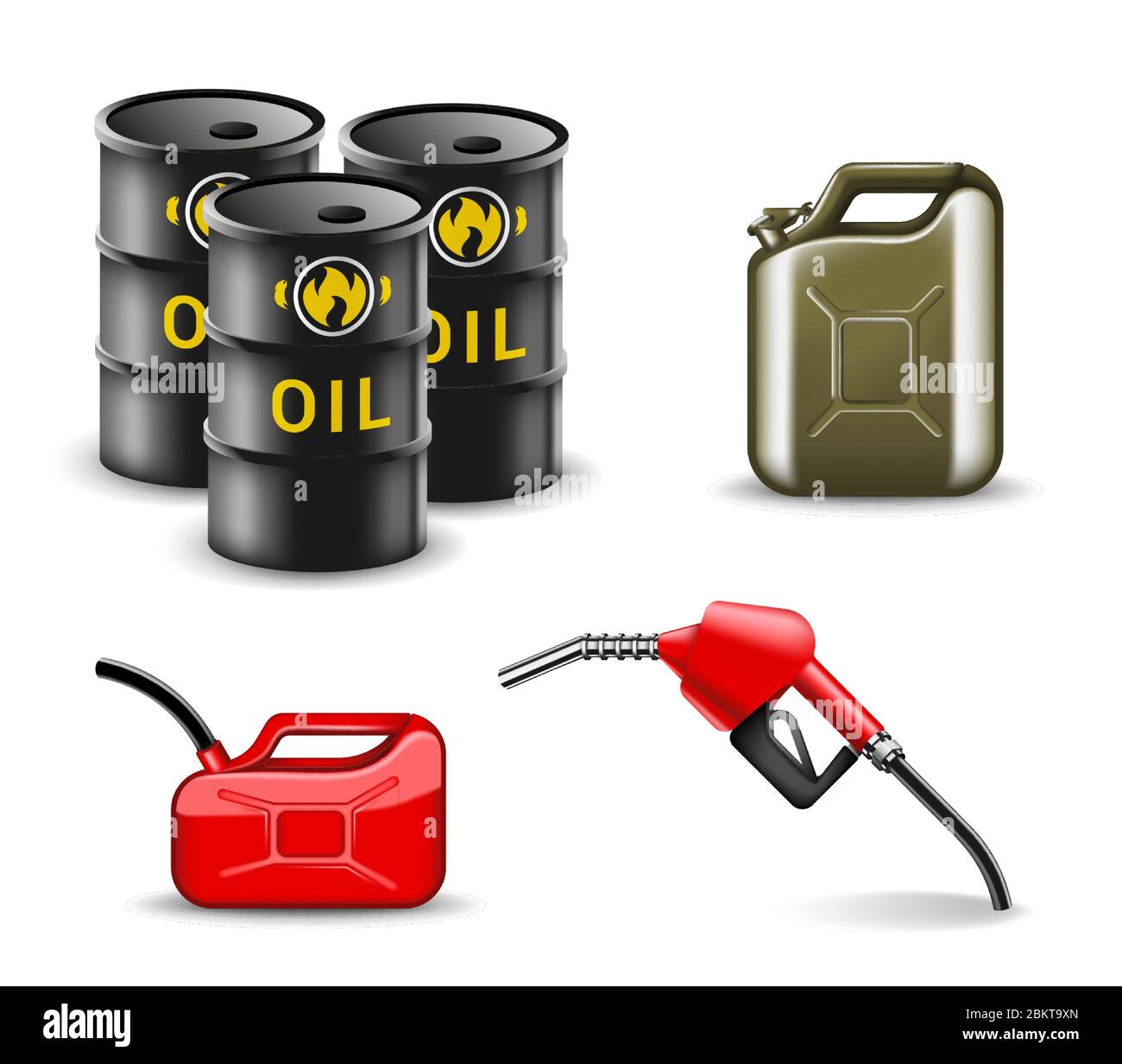 Set di progettazione di articoli relativi a petrolio e gas. Collezione di illustrazioni vettoriali per l'industria del carburante in stile realistico. Potenza ed energia Illustrazione Vettoriale