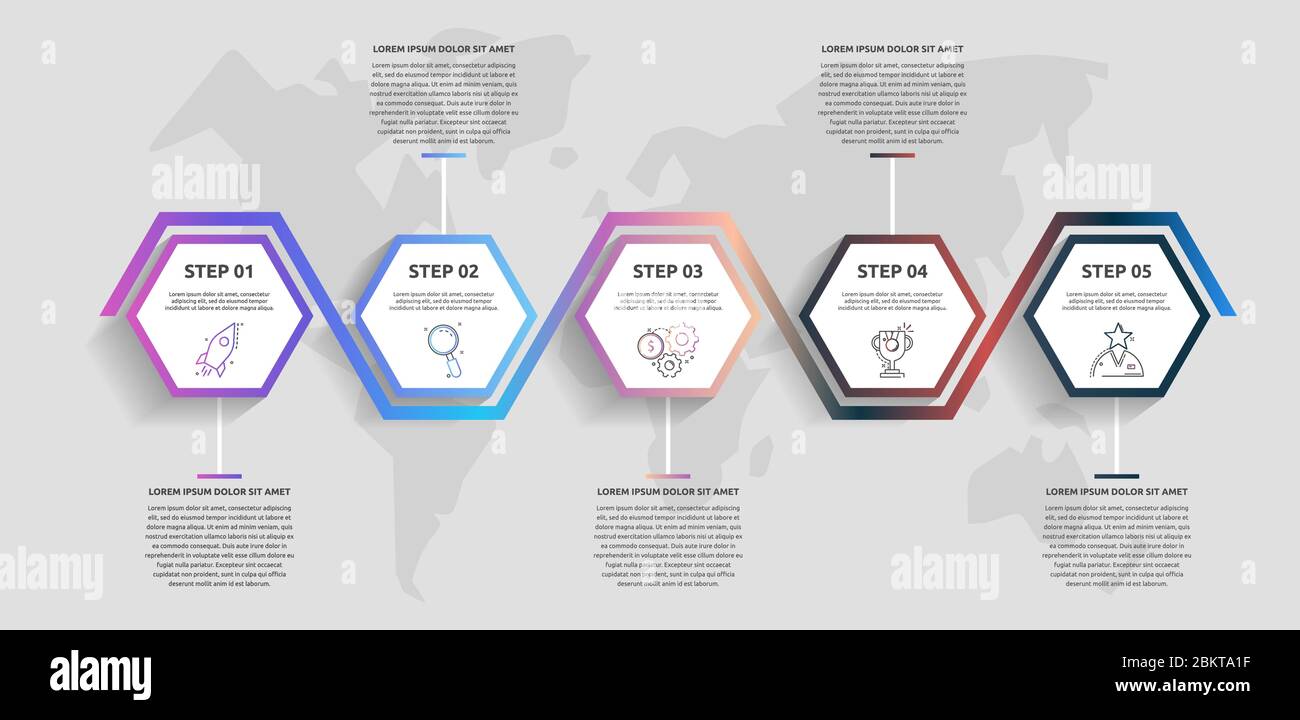 Infografica vettoriale aziendale. Linea temporale moderna con 5 esagoni. Utilizzato per il web design, il grafico, i diagrammi, le presentazioni Illustrazione Vettoriale