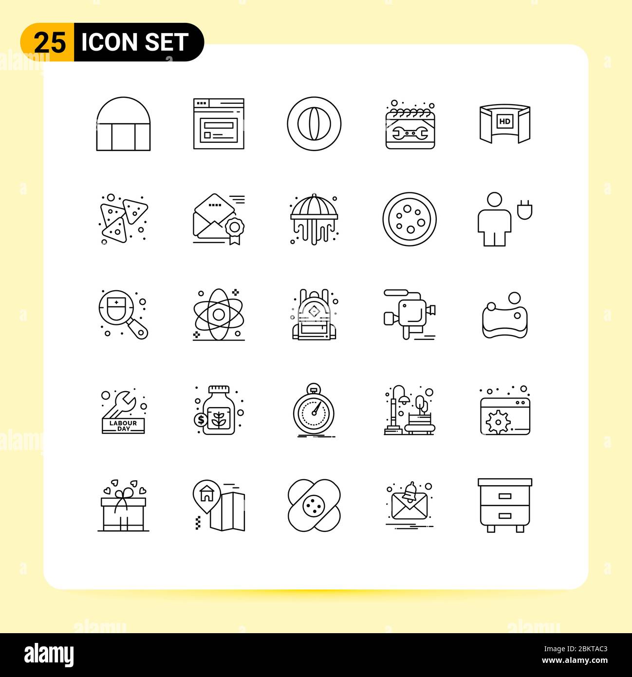 Universal Icon Symbols Gruppo di 25 linee moderne di cinematografia, riparazione, business, manutenzione, calendario elementi Editable Vector Design Illustrazione Vettoriale