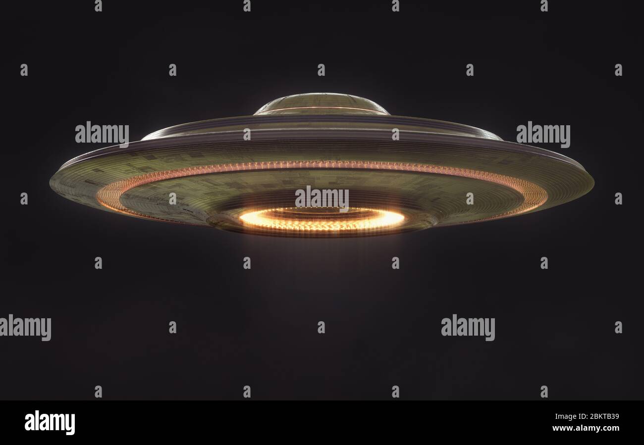 UFO oggetto volante non identificato con tracciato di ritaglio incluso. Illustrazione UFO 3D. Foto Stock