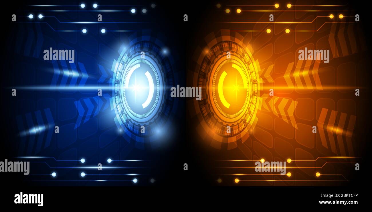 Abstract brillante blu e arancione concetto di velocità sfondo tecnologia con schema di circuito. Illustrazione Vettoriale