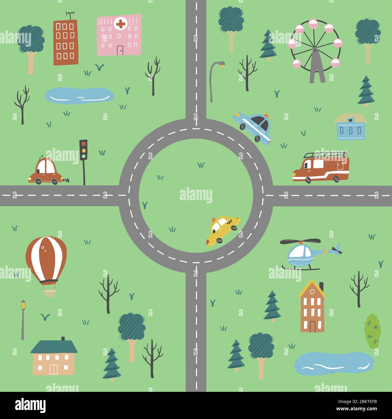 Cartoon cute mappa per bambini con auto, strada, città elementi paesaggistici. Auto, costruzione, strada di disegno a mano, stile giocattolo per bambini. Illustrazione vettoriale. Illustrazione Vettoriale