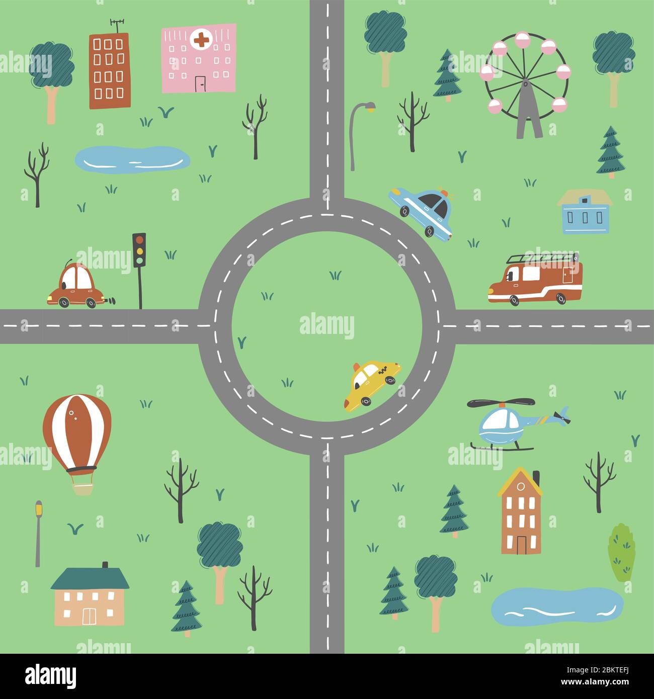Cartoon cute mappa per bambini con auto, strada, città elementi paesaggistici. Auto, costruzione, strada di disegno a mano, stile giocattolo per bambini. Illustrazione vettoriale. Illustrazione Vettoriale