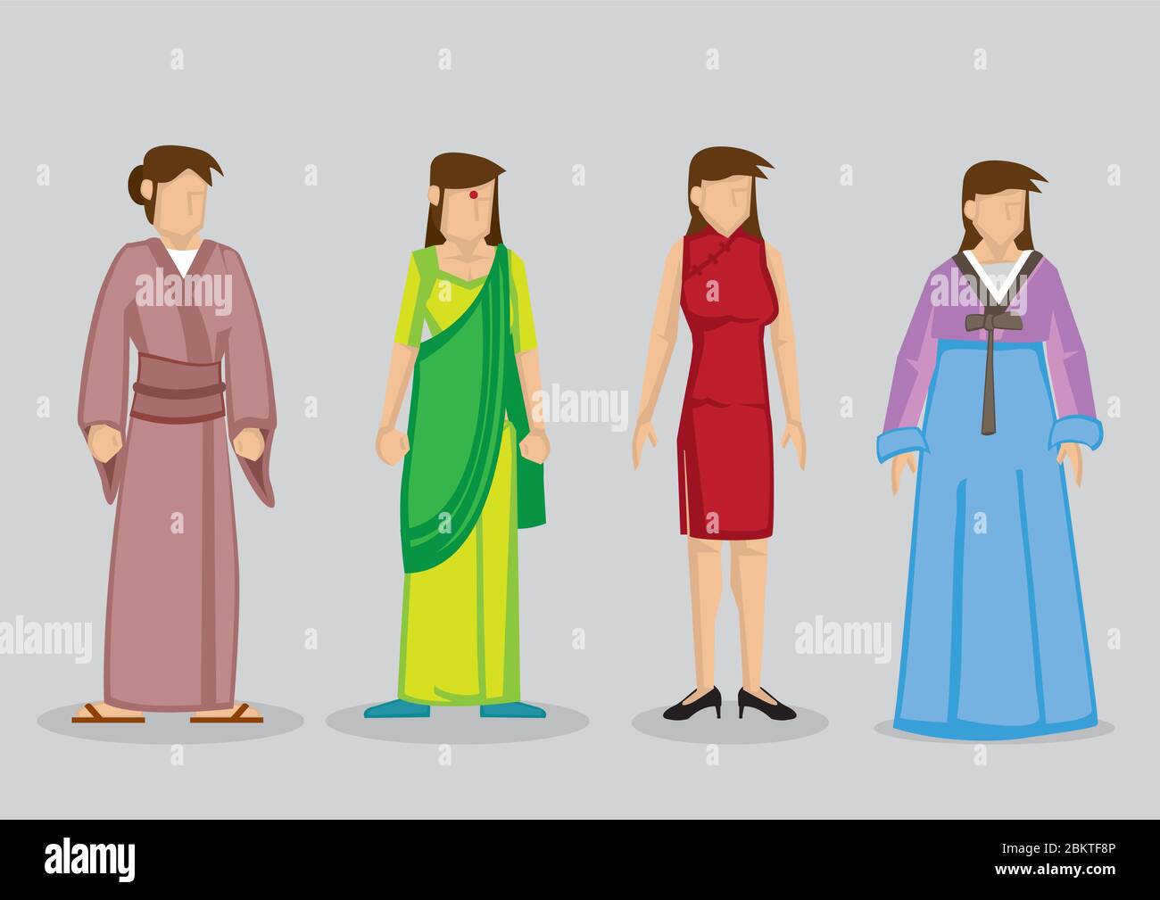 Donna che indossa costumi tradizionali asiatici, kimono giapponese, sari indiani, cheongsam cinese e Hanbok coreano. Illustrazione di cartoni vettoriali isolata su g Illustrazione Vettoriale