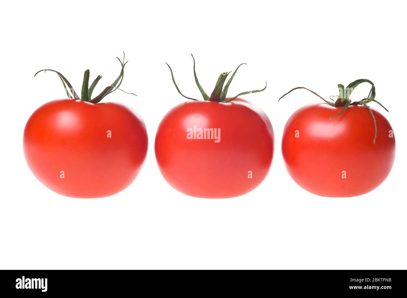 Pomodori rossi maturi freschi con gambo verde in fila, isolati su fondo bianco. Scatto studio. Foto Stock