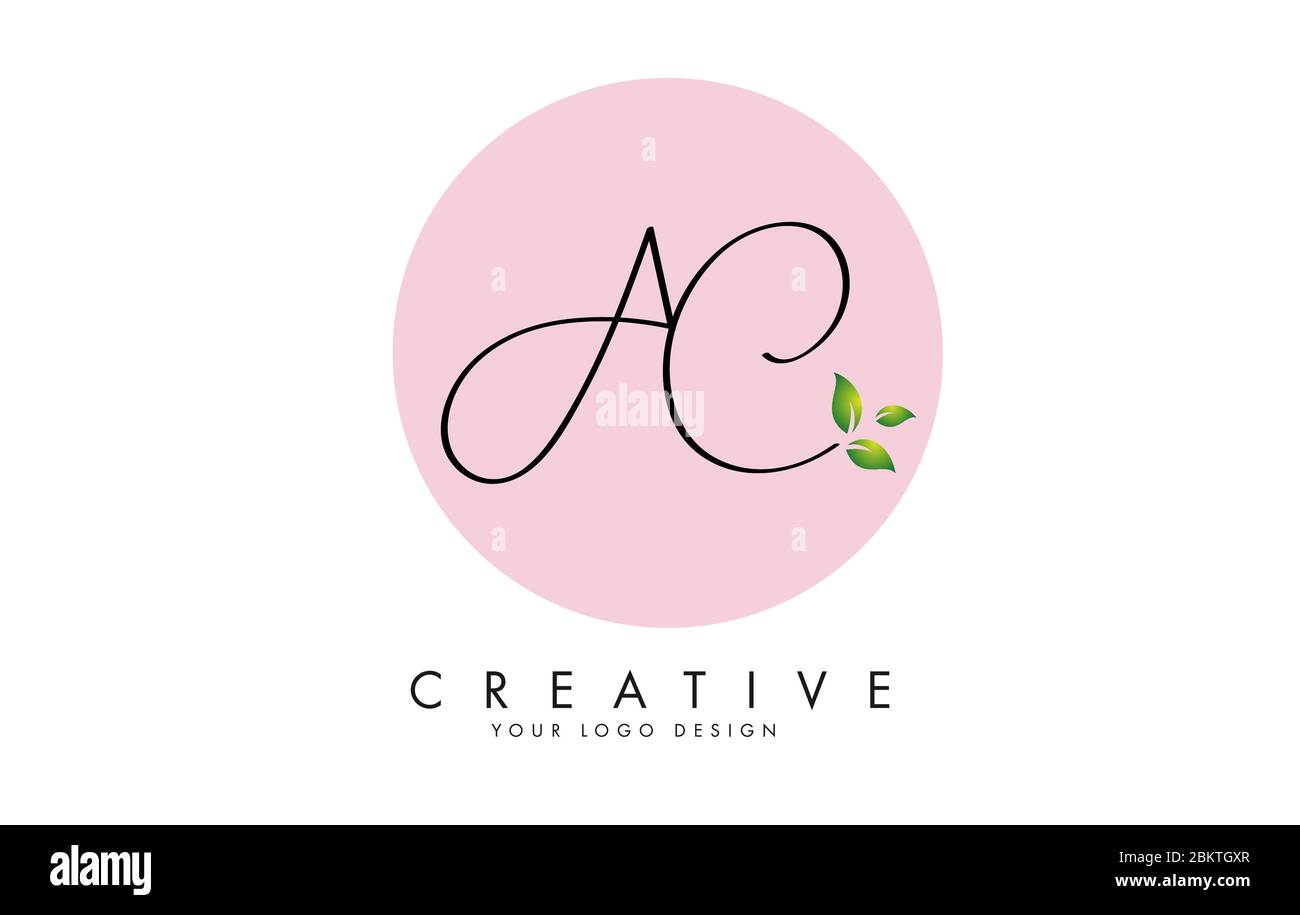 Disegno con logo a lettere C a a mano con cerchio rosa come sfondo e lascia dettagli. Illustrazione creativa del vettore con le lettere A e C. Eco A. Illustrazione Vettoriale