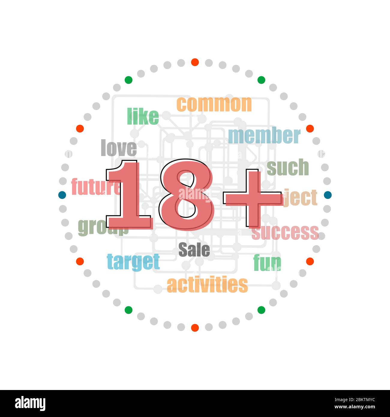 Testo 18 Plus. Concetto sociale . Collage di parole con termini di associazione diversi Foto Stock