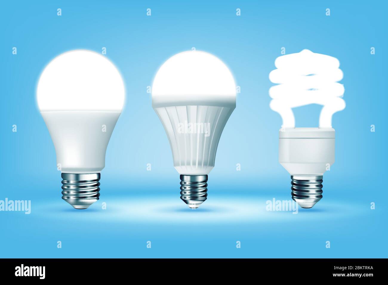Lampadine CFL e LED ad incandescenza 3D su sfondo blu, stile realistico. Idea, creatività e concetto di innovazione. Uso responsabile dell'energia ed ecologia Illustrazione Vettoriale
