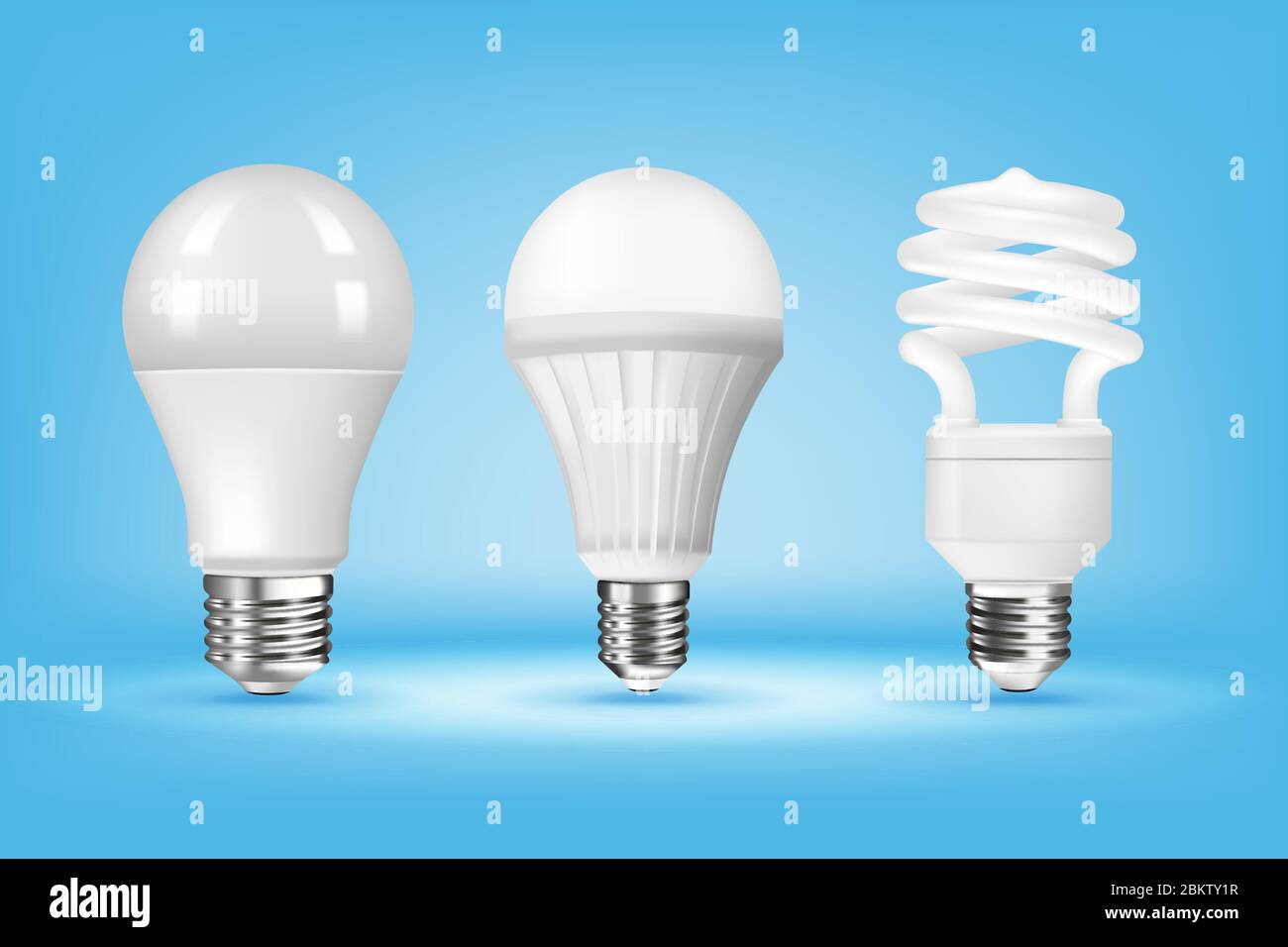 Lampadine CFL e LED ad incandescenza 3D su sfondo blu, stile realistico. Idea, creatività e concetto di innovazione. Uso responsabile dell'energia ed ecologia Illustrazione Vettoriale