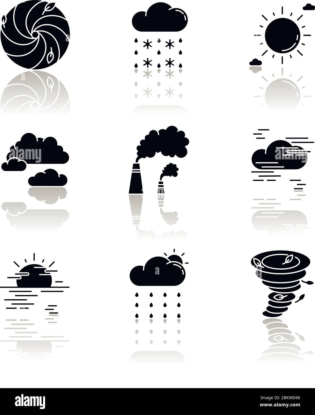 Icone glifi neri ombreggiate in meteorologia impostate Illustrazione Vettoriale