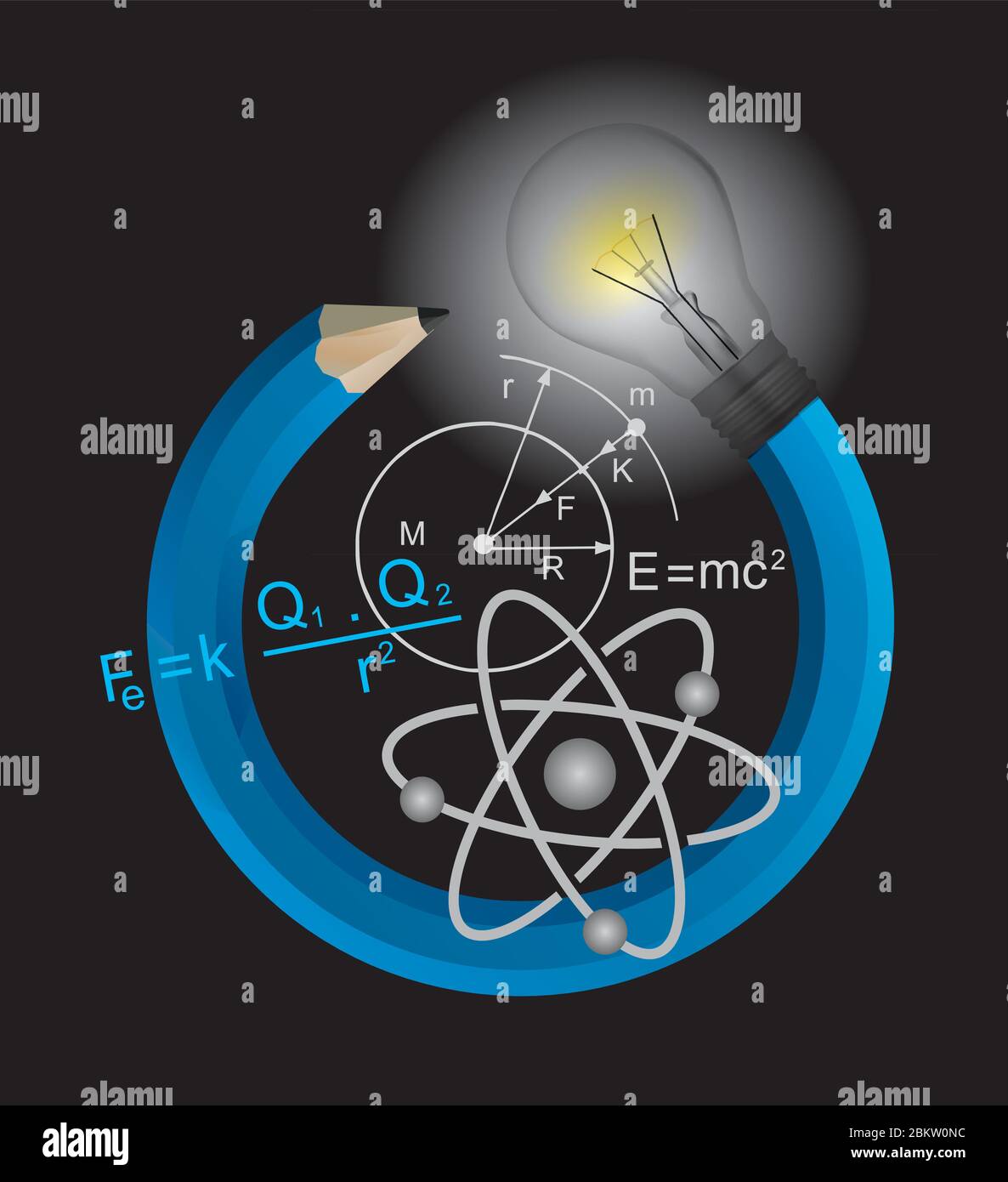 Fisica giocosa, concetto. Illustrazione di una matita colorata con lampadina e simboli fisici. Vettore disponibile. Illustrazione Vettoriale