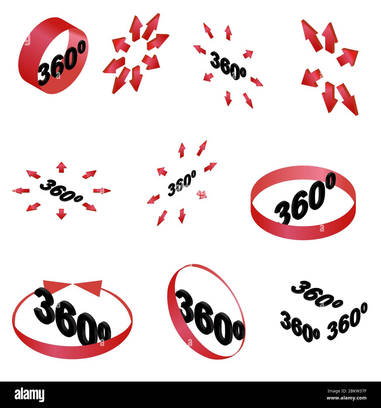 set di icone vettoriali glifi rosse a 360 gradi Illustrazione Vettoriale