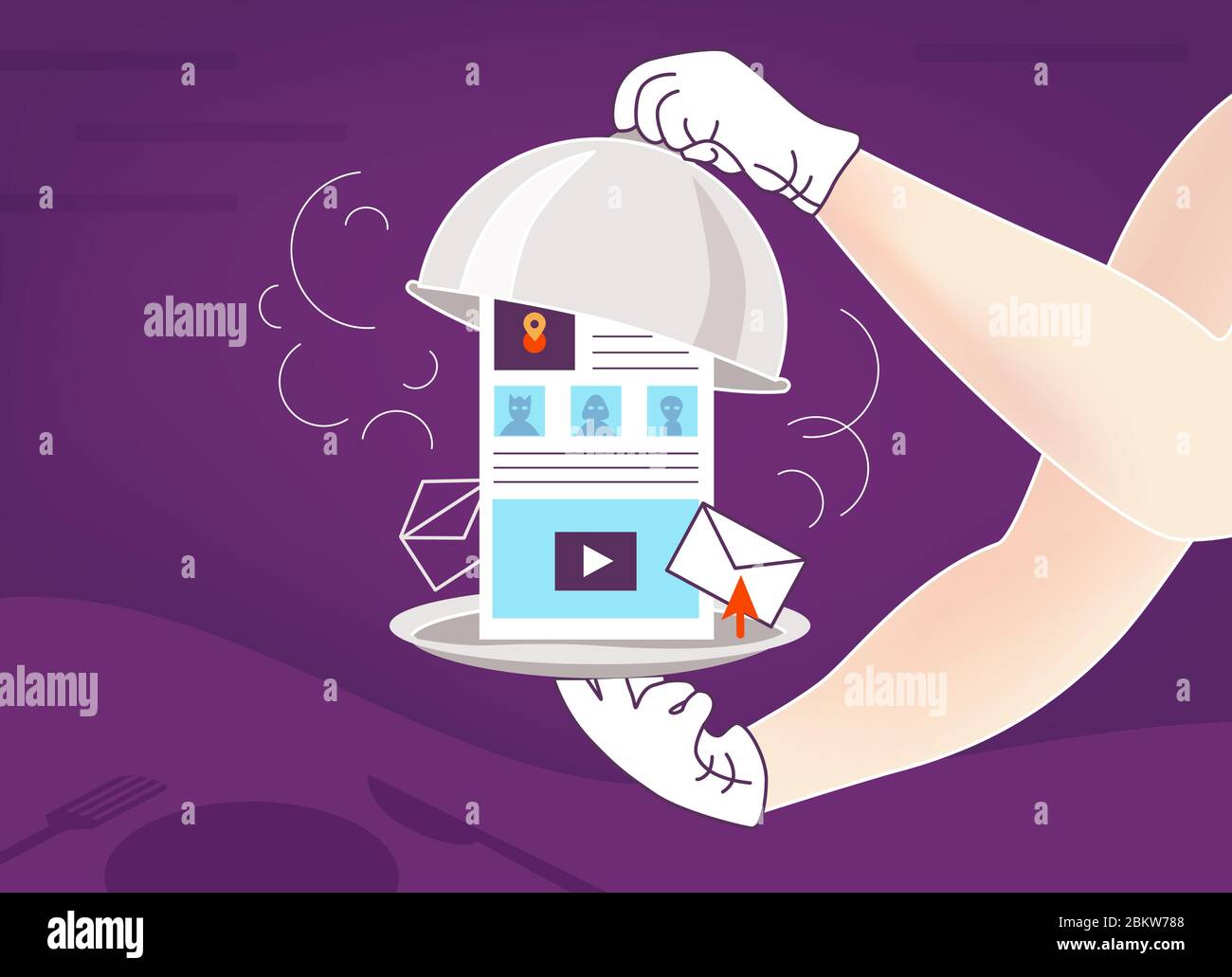 Illustrazione su tema di satiety con le notizie calde, lo spazio di informazione, il Internet, i social network, le pagine di fotoricettore Illustrazione Vettoriale