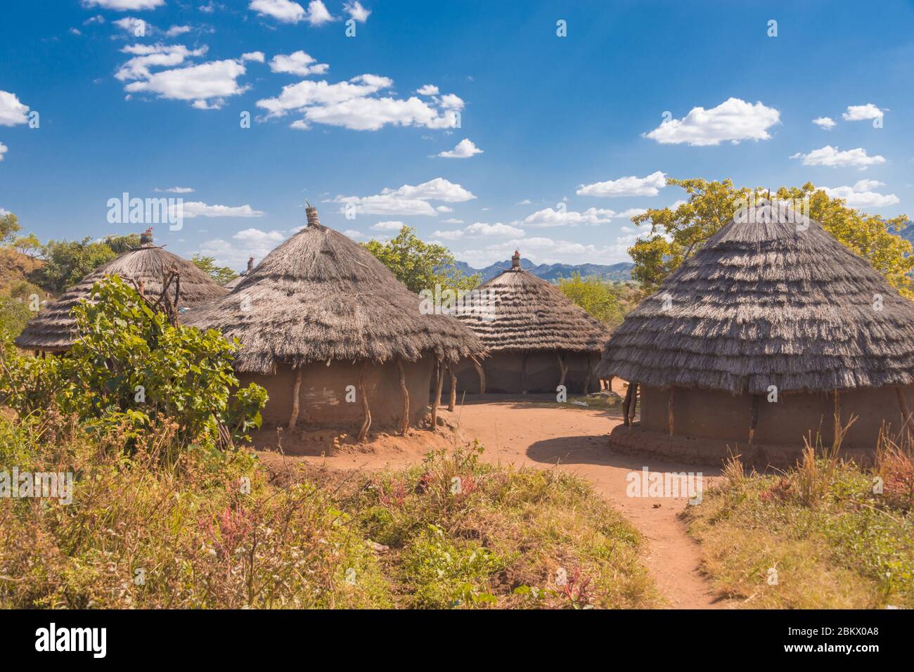 Casa tradizionale villaggio, Karamoja, Uganda Foto Stock