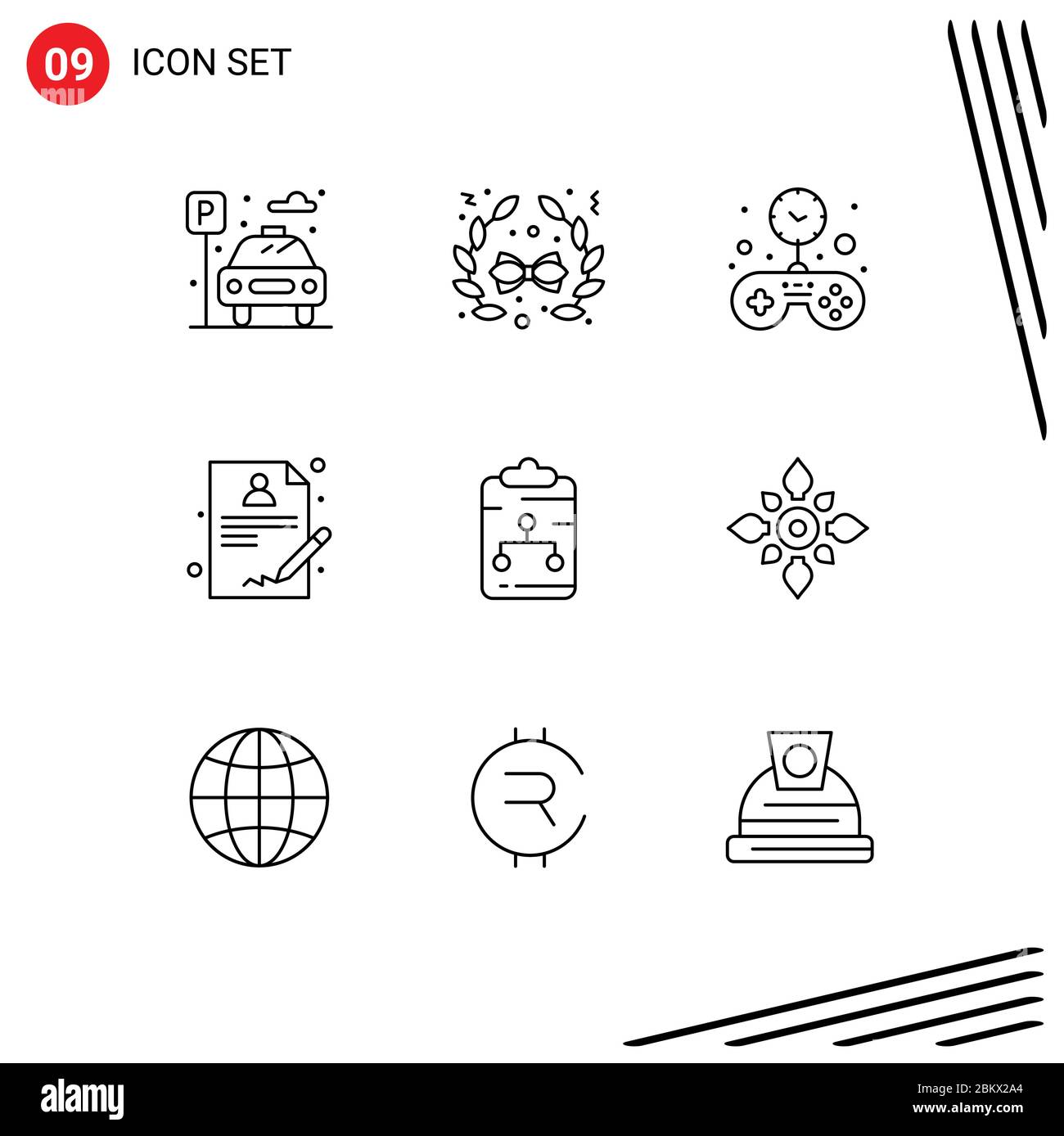 Gruppo di 9 elementi che delinea segni e simboli per documenti, connessioni, giochi, appunti, report elementi di progettazione vettoriale modificabili Illustrazione Vettoriale