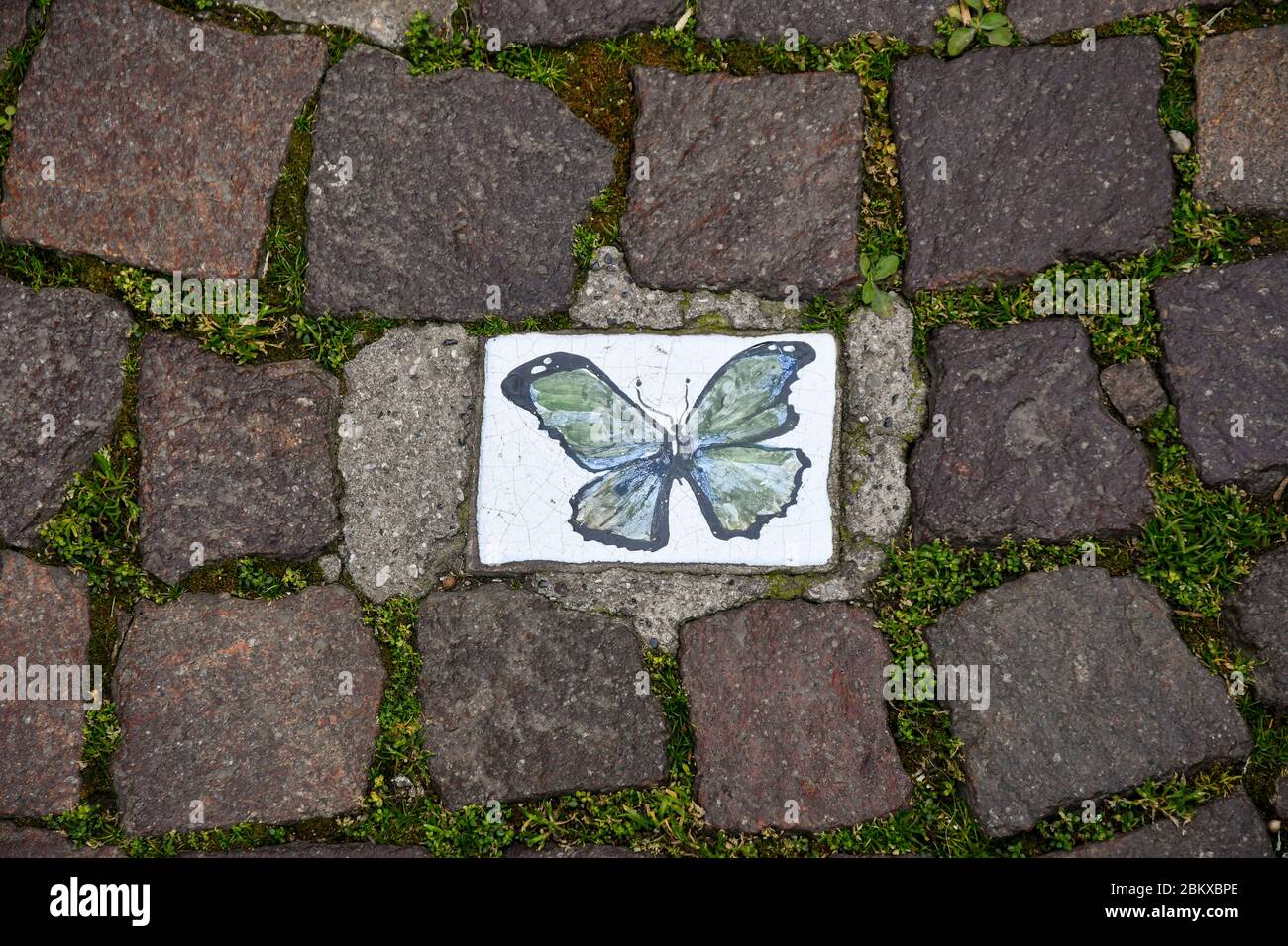 Primo piano di un pavimento in strada a cubetti di porfido nel centro storico di Bardolino con una decorazione dipinta a mano raffigurante una farfalla blu, Verona, Italia Foto Stock