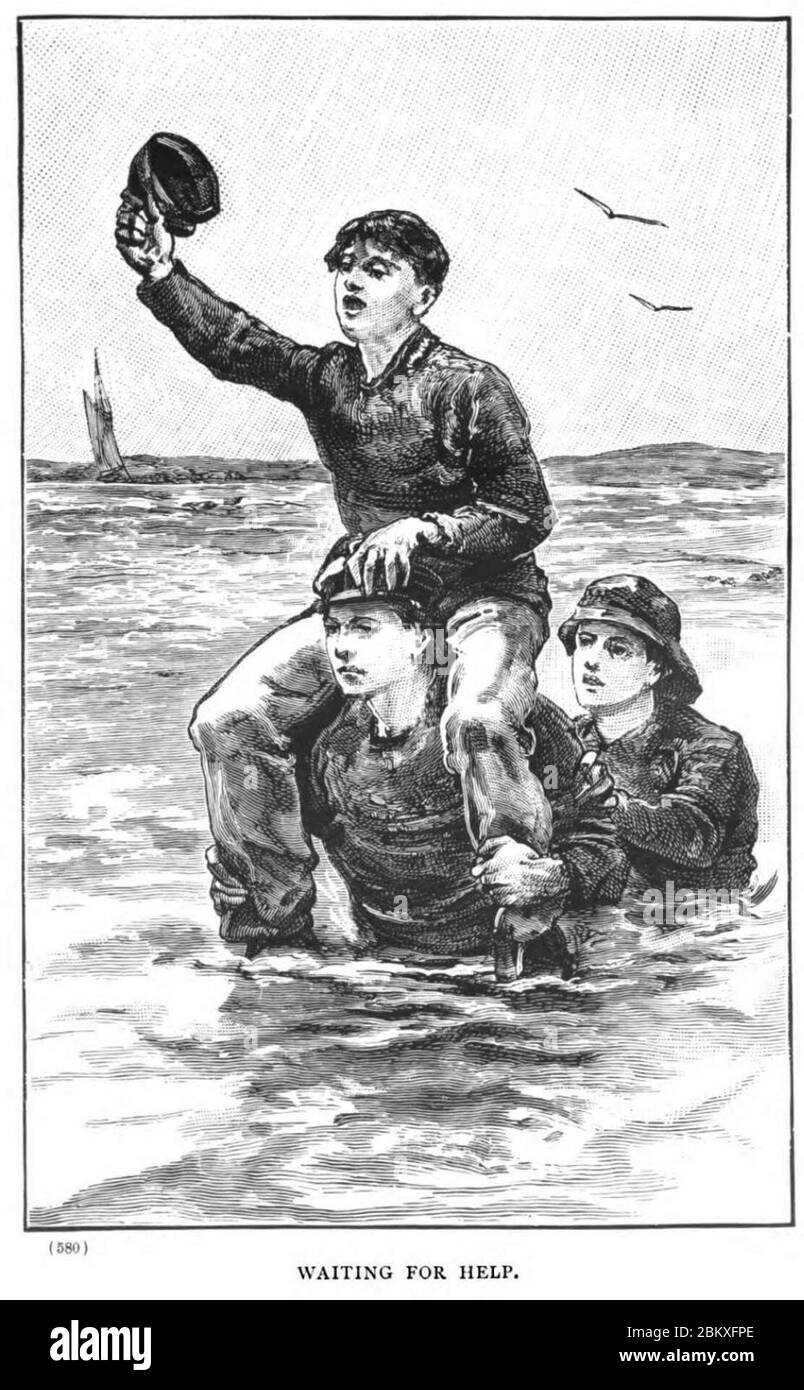 Illustrazione di w h overend da un capitolo di adventrues da g a henty in attesa di aiuto. Foto Stock
