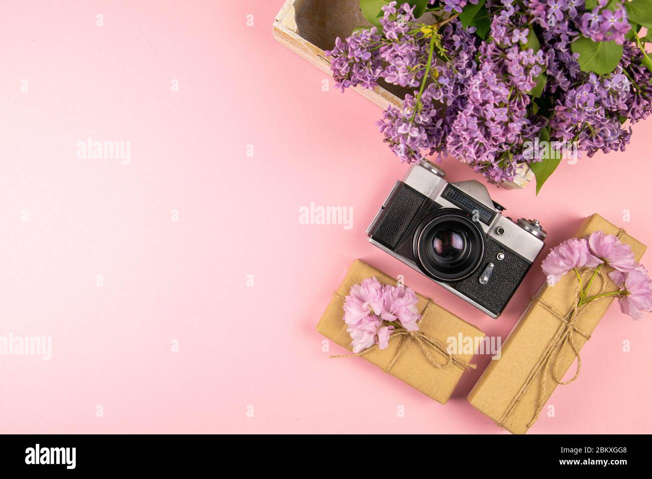 Macchina fotografica, regalo e un bellissimo lilla viola. Mese - Maggio,  Giugno e Luglio. Viste dall'alto con spazio libero Foto stock - Alamy