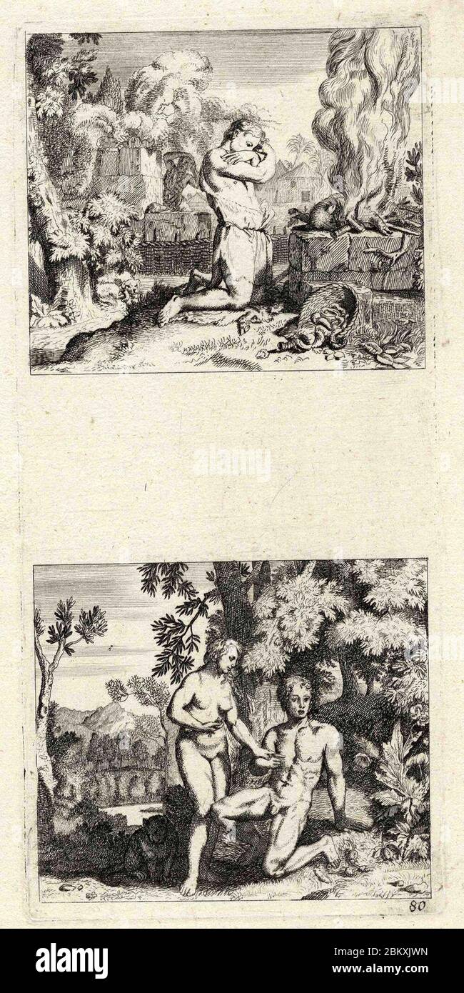 Illustrationen zum Alten Testamentario (Abel vor dem Opfer kniend; Adam und Eva vor dem Baum der Erkenntnis) ubs G 0853 II. Foto Stock