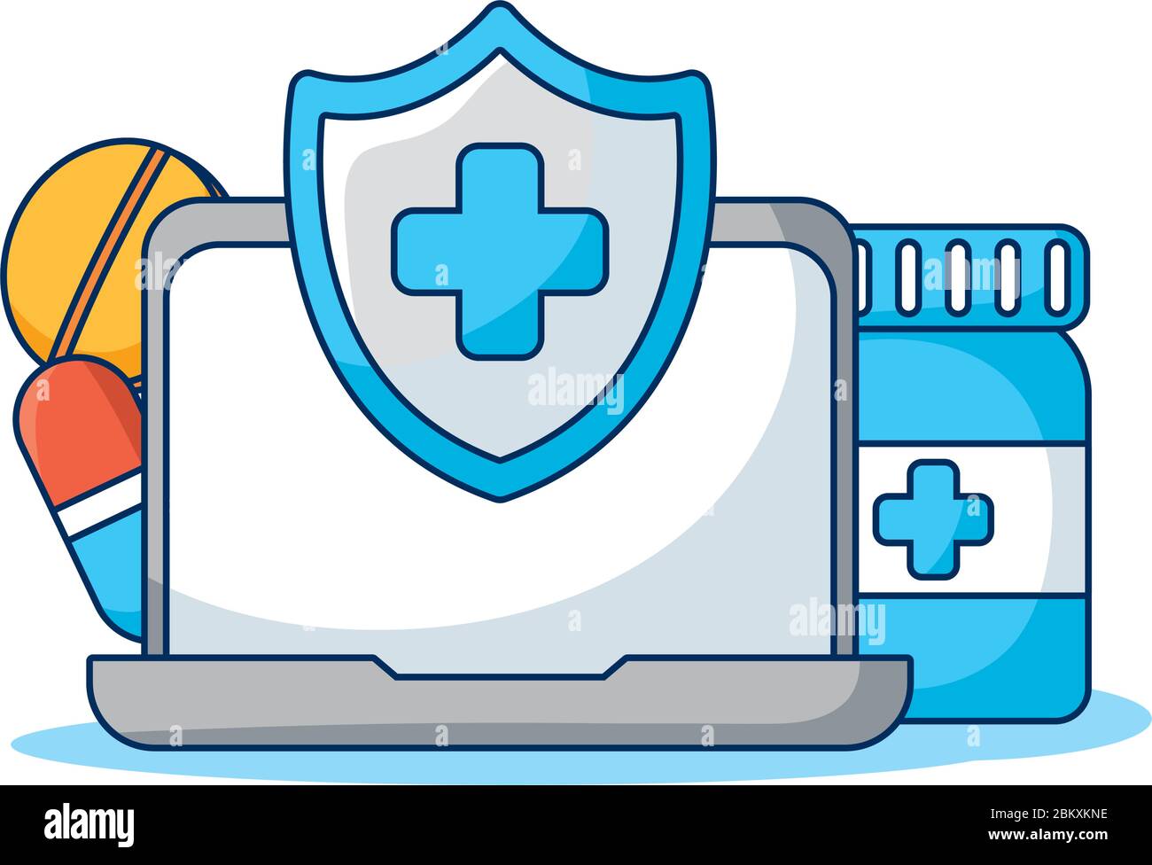 computer portatile con tecnologia di telemedicina con scudo e farmaci Illustrazione Vettoriale