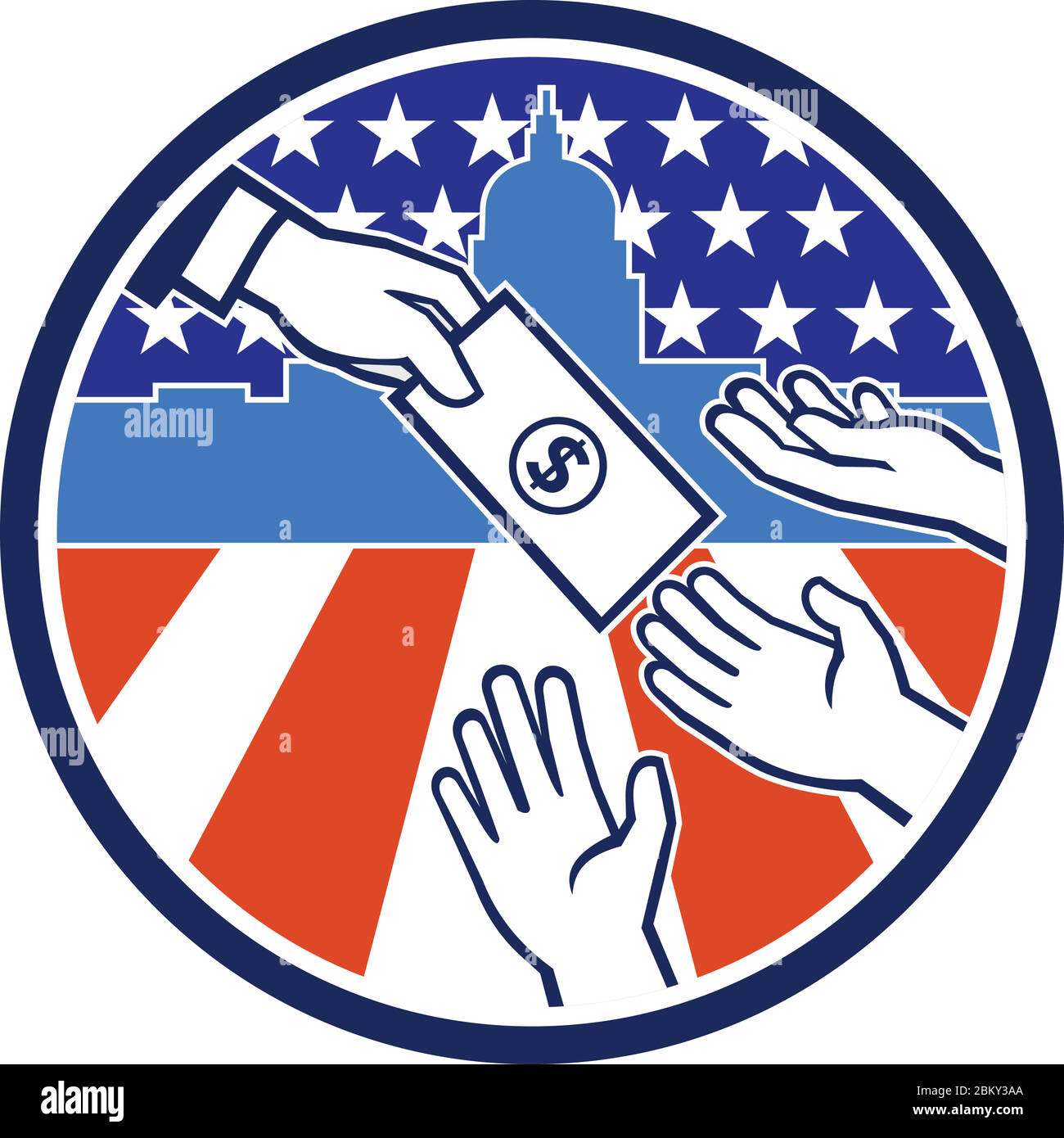 Icona retro stile illustrazione dello stimolo del governo americano o di impatto economico pagamento mostrando una mano che dà denaro al destinatario con l'Unito Illustrazione Vettoriale
