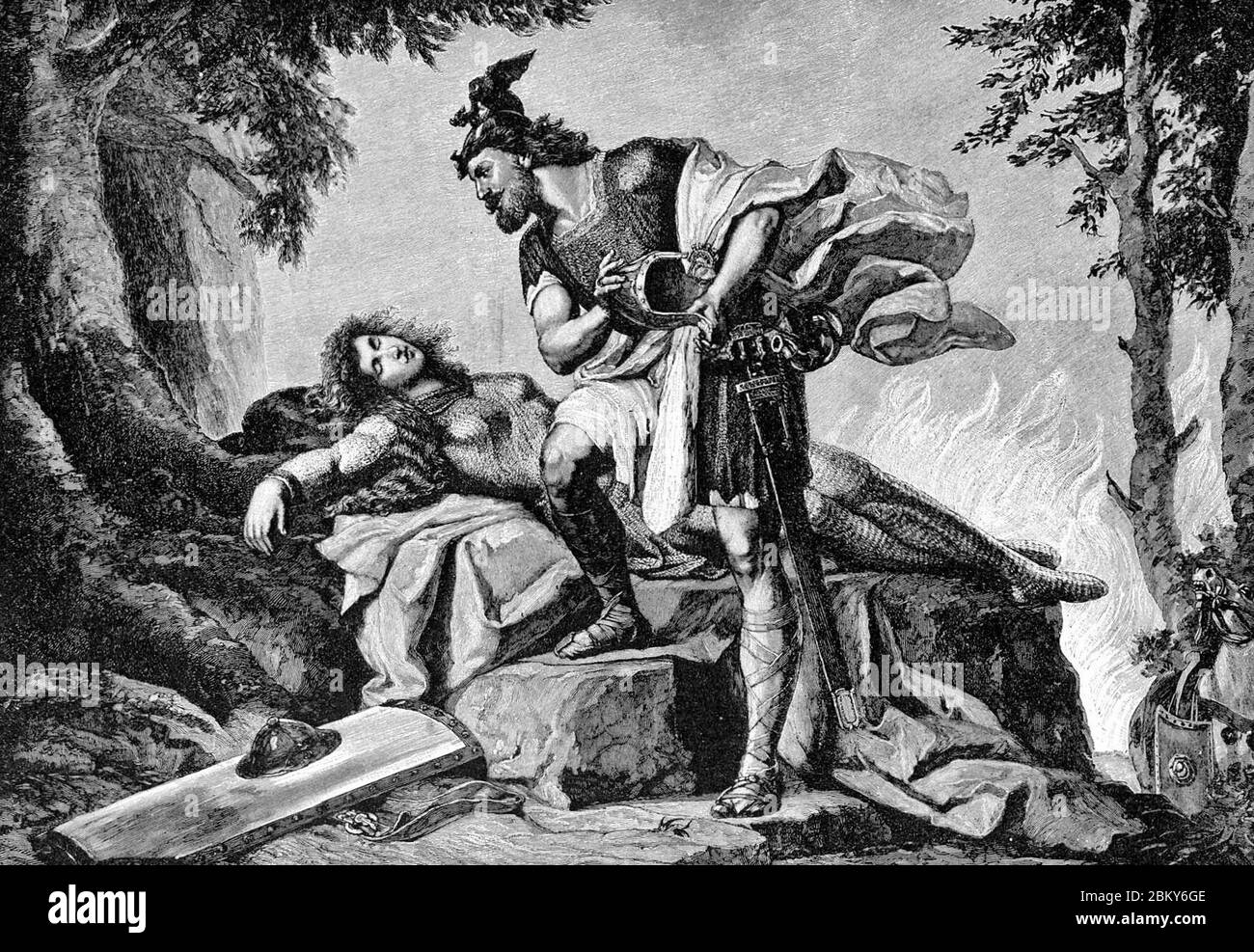Siegfried risveglia Brunhild, una scena della mitologia di Wagner's Ring e Norse Foto Stock