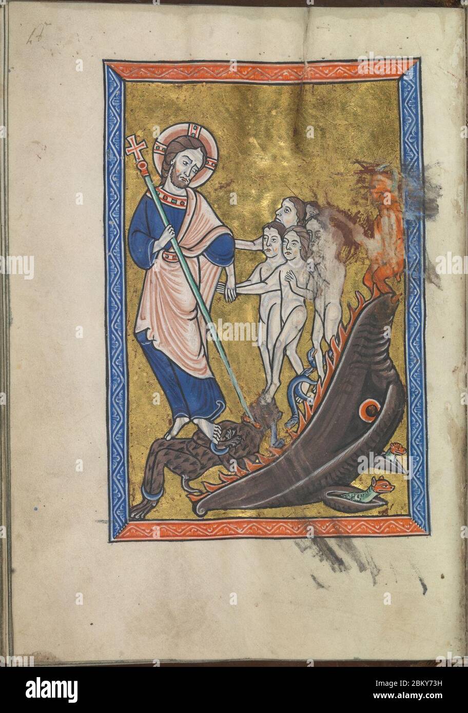 Immagini dalla vita di Cristo - erpendo dell'Inferno - Cristo lascia l'inferno e libera le anime - Salterio di Eleonora d'Aquitania (ca. 1185) - KB 76 F 13, folium 024v. Foto Stock