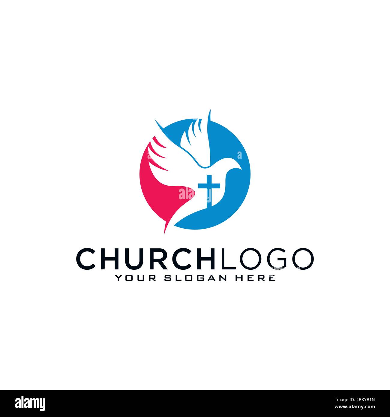 Logo della chiesa. Simboli cristiani. La croce di Gesù, il fuoco dello Spirito Santo e la colomba. Illustrazione Vettoriale