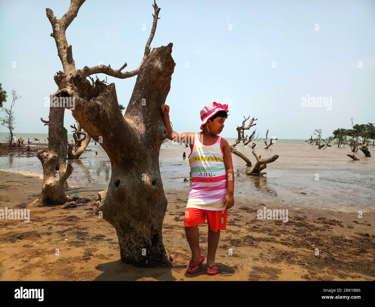 La bambina indiana ama le vacanze estive in una luminosa giornata illuminata dal sole accanto ad un albero secco nella confluenza del mare. Foto Stock