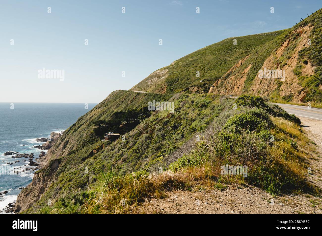 Viaggio in strada Big sur. Strada panoramica dello stato della California 1. Scogliere rocciose con piante autoctone, e bellissimo color turchese Oceano Pacifico. Foto Stock
