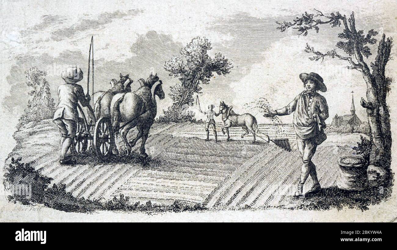 AGRICOLTURA DEL XVIII SECOLO che mostra da sinistra: Aratura, erpicoltura e cucire i semi a mano. Foto Stock