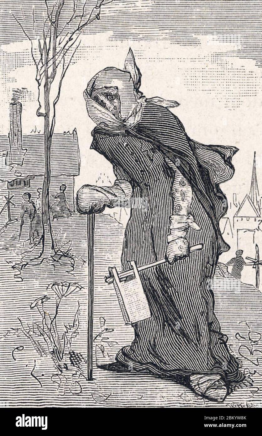LEPER con sonaglino a indossato del suo approccio. incisione del xvii secolo. Foto Stock