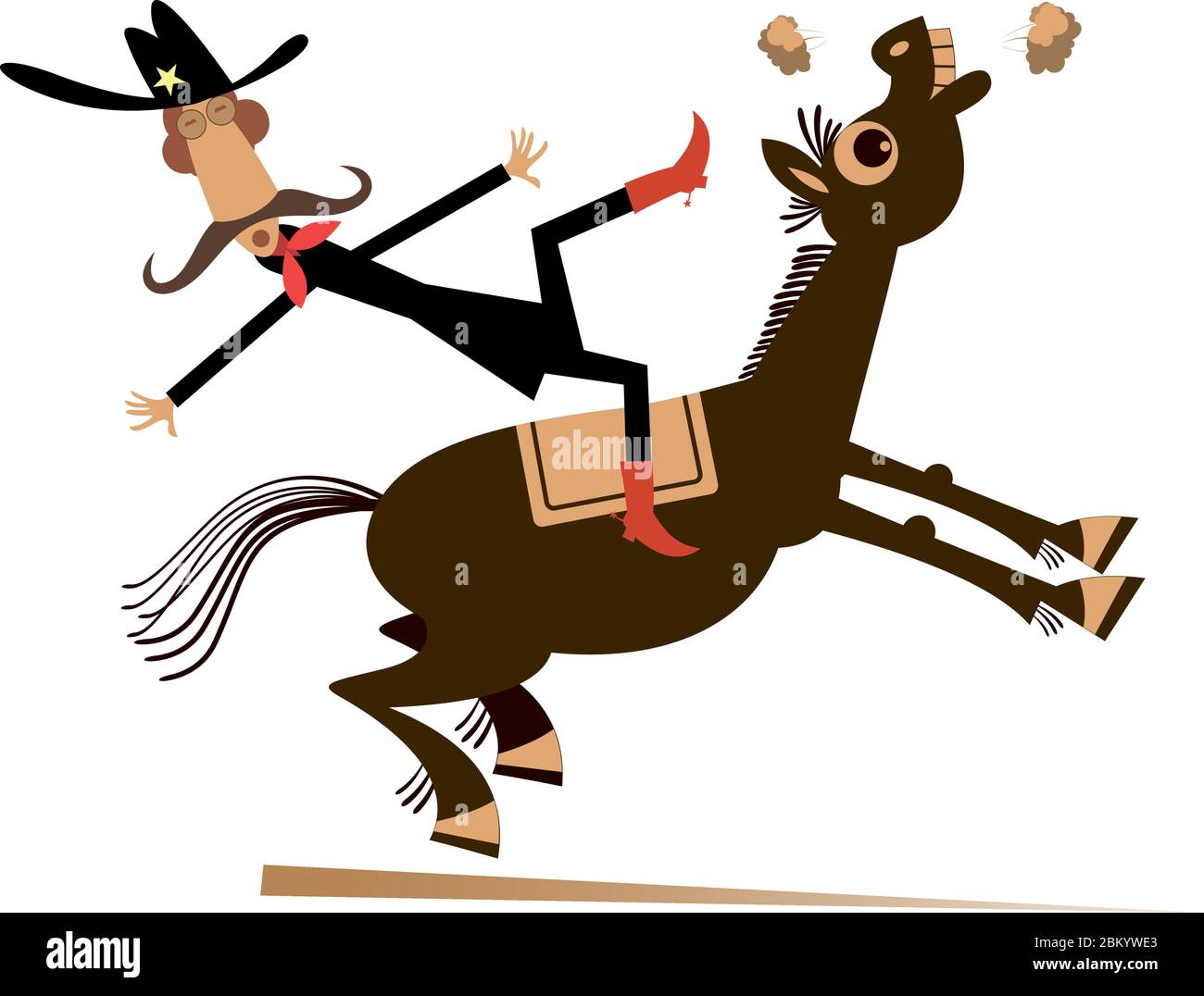 Il ciclista dei fumetti cade dall'illustrazione isolata del cavallo. Baffi lunghi e divertenti, uomo o cowboy che cadono dal cavallo isolato su bianco Illustrazione Vettoriale